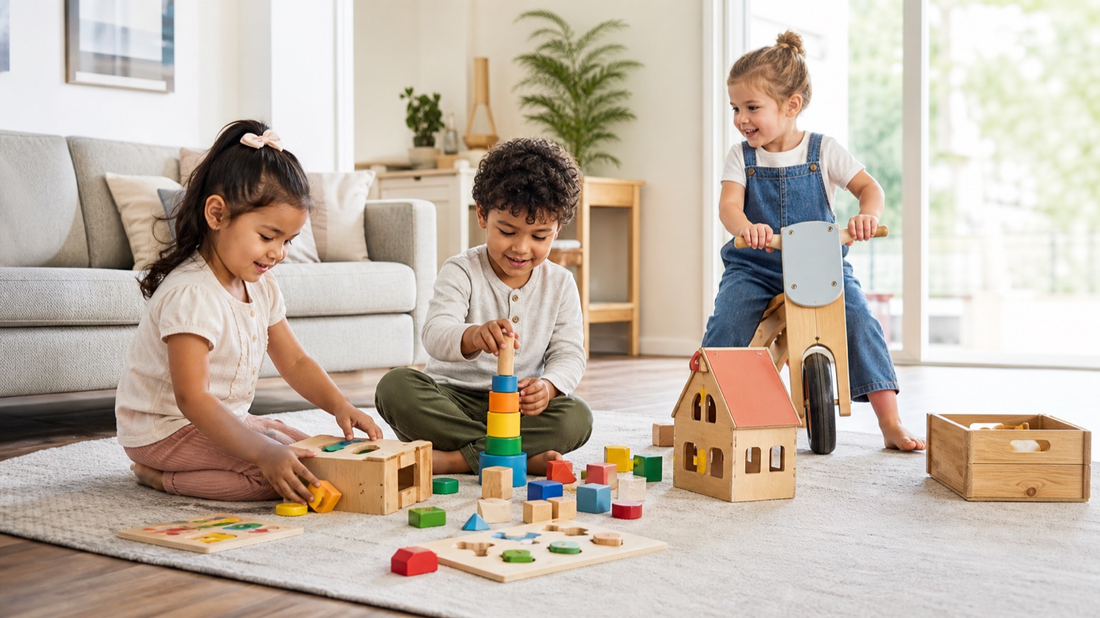 Children playing with colourful toys in a bright family living room